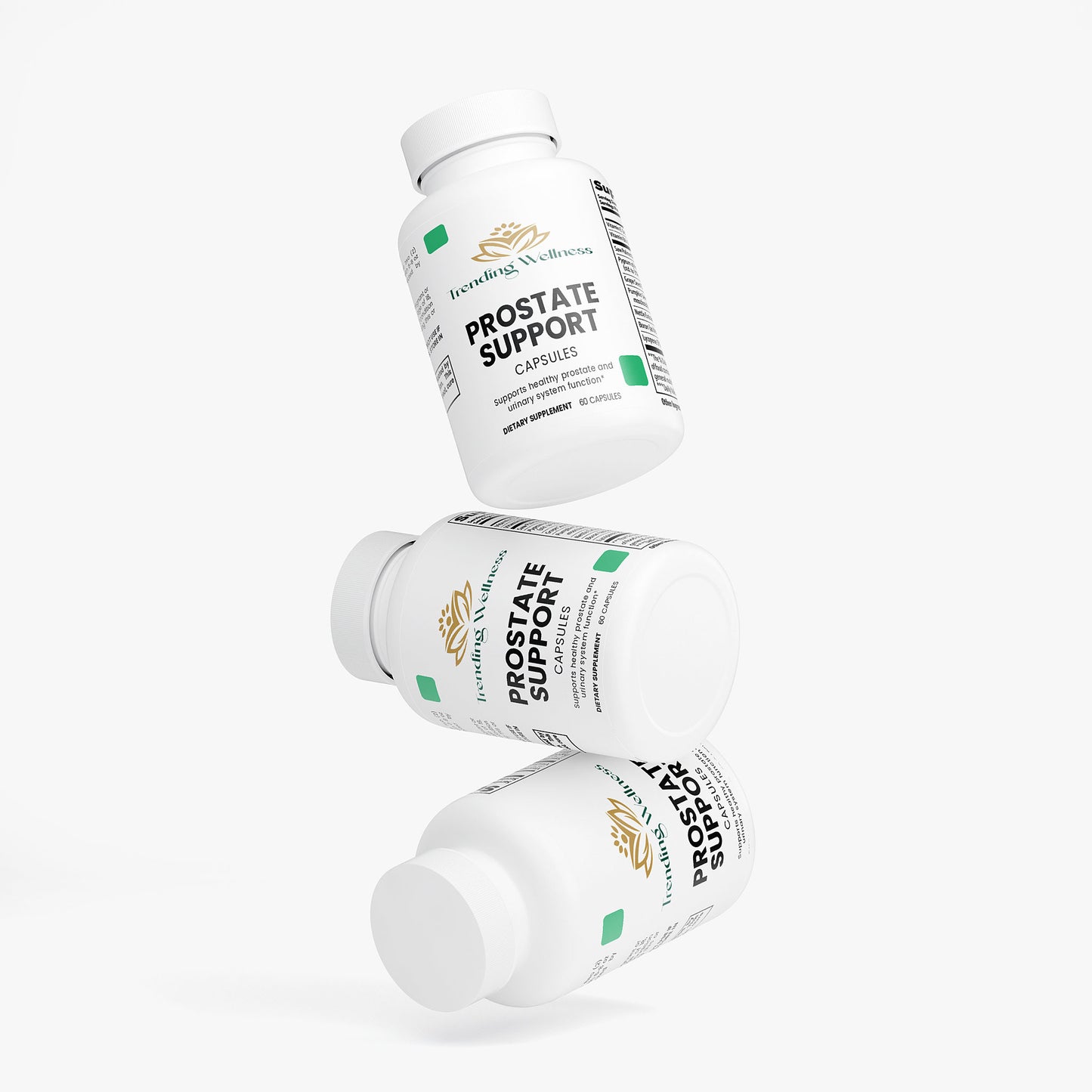 Three bottles of Prostate Support capsules on a white background