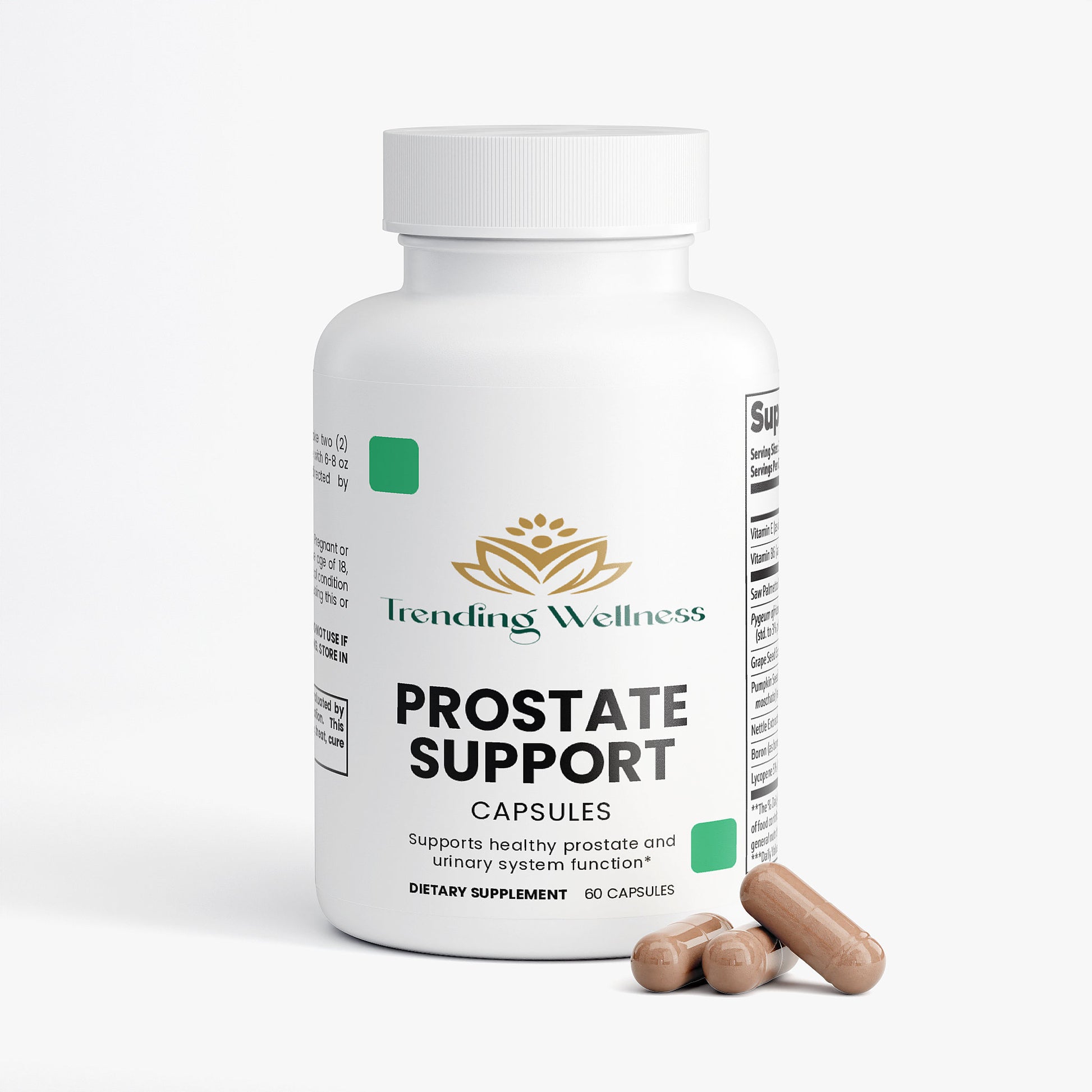 Trending Wellness Prostate Support supplement bottle with capsules on a white background