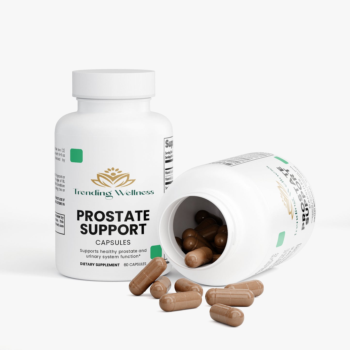 Prostate support capsules with a bottle labeled 'Trending Wellness' on a white background