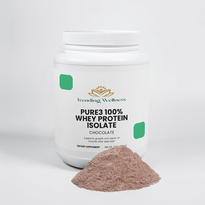Trending Wellness Pure3 100% Whey Protein Isolate container with protein powder on a white background