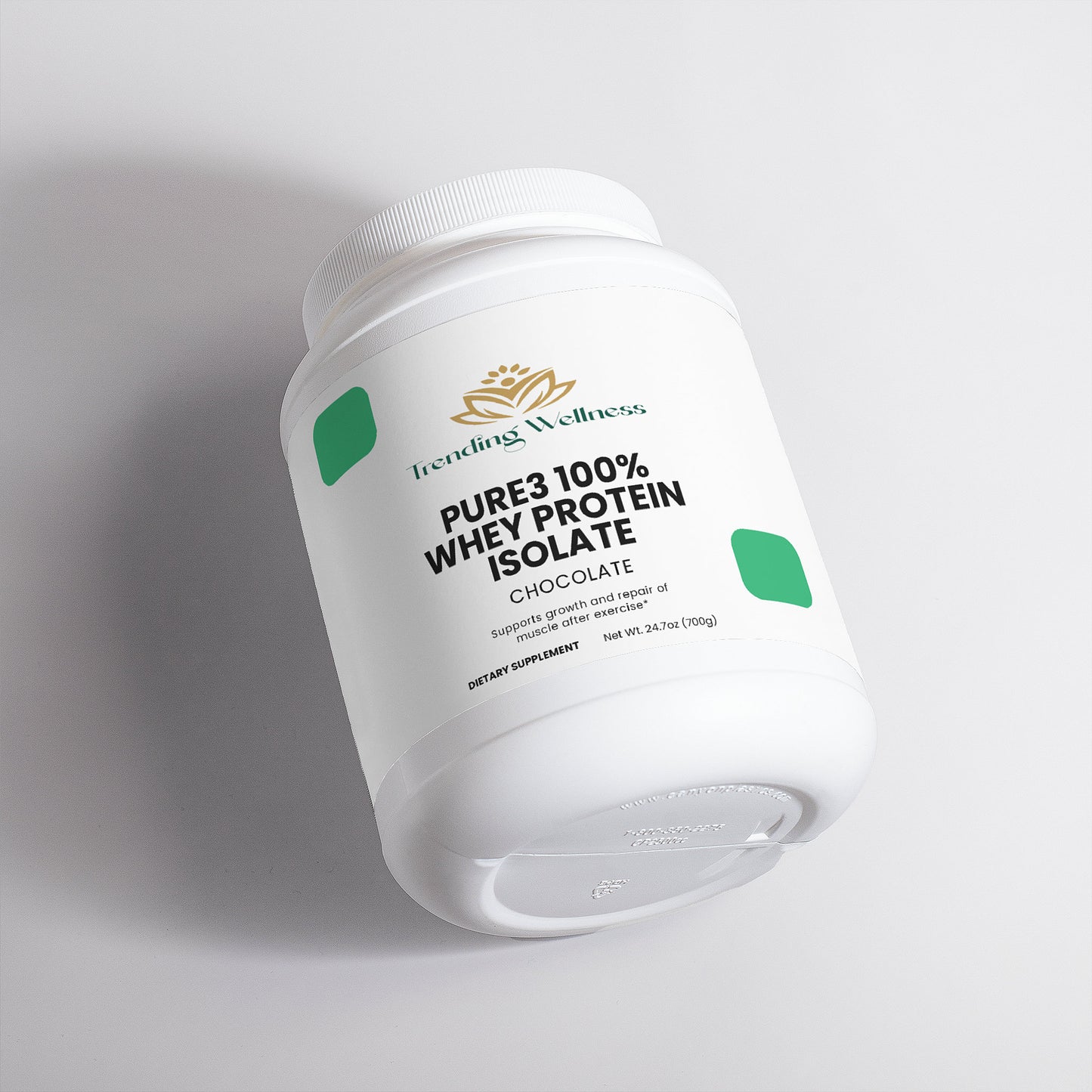 Container of Trending Wellness Pure3 100% Whey Protein Isolate on a light gray background