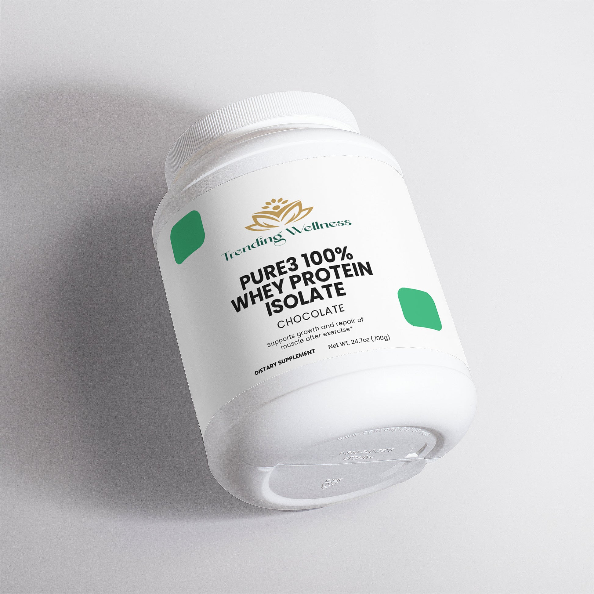 Container of Trending Wellness Pure3 100% Whey Protein Isolate on a light gray background