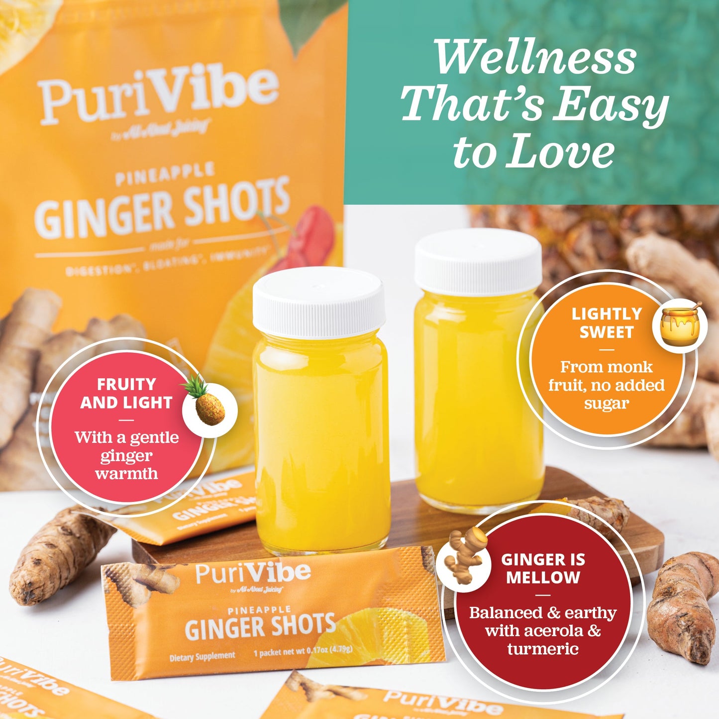 PuriVibe Pineapple Ginger Shot - Superfood Juice Powder, Wellness Shots Supplement - Supports Immunity & Digestion - Stick Packs - Trending Wellness Store