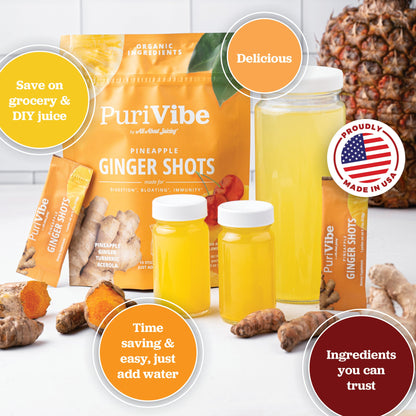 PuriVibe Pineapple Ginger Shot - Superfood Juice Powder, Wellness Shots Supplement - Supports Immunity & Digestion - Stick Packs - Trending Wellness Store