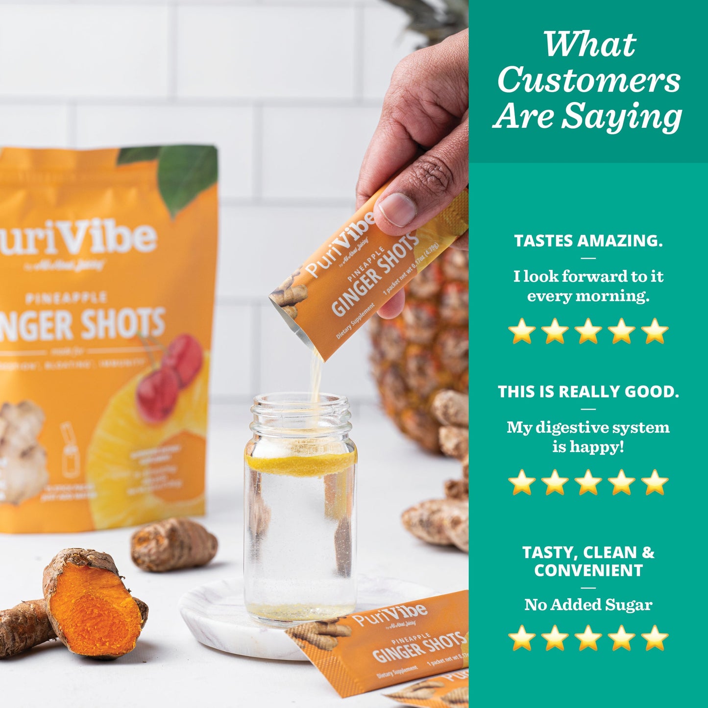 PuriVibe Pineapple Ginger Shot - Superfood Juice Powder, Wellness Shots Supplement - Supports Immunity & Digestion - Stick Packs - Trending Wellness Store
