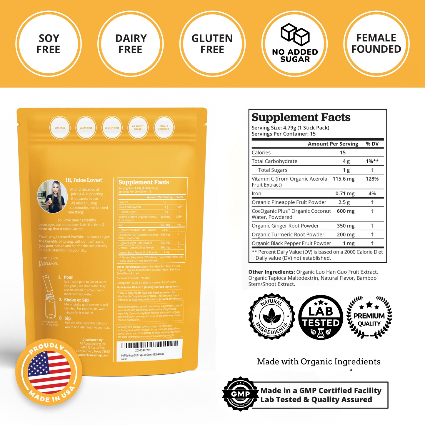 PuriVibe Pineapple Ginger Shot - Superfood Juice Powder, Wellness Shots Supplement - Supports Immunity & Digestion - Stick Packs - Trending Wellness Store