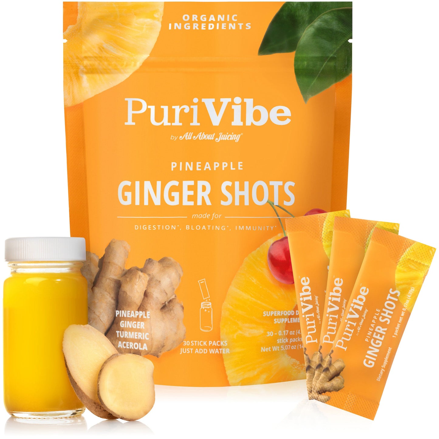 PuriVibe Pineapple Ginger Shot - Superfood Juice Powder, Wellness Shots Supplement - Supports Immunity & Digestion - Stick Packs - Trending Wellness Store