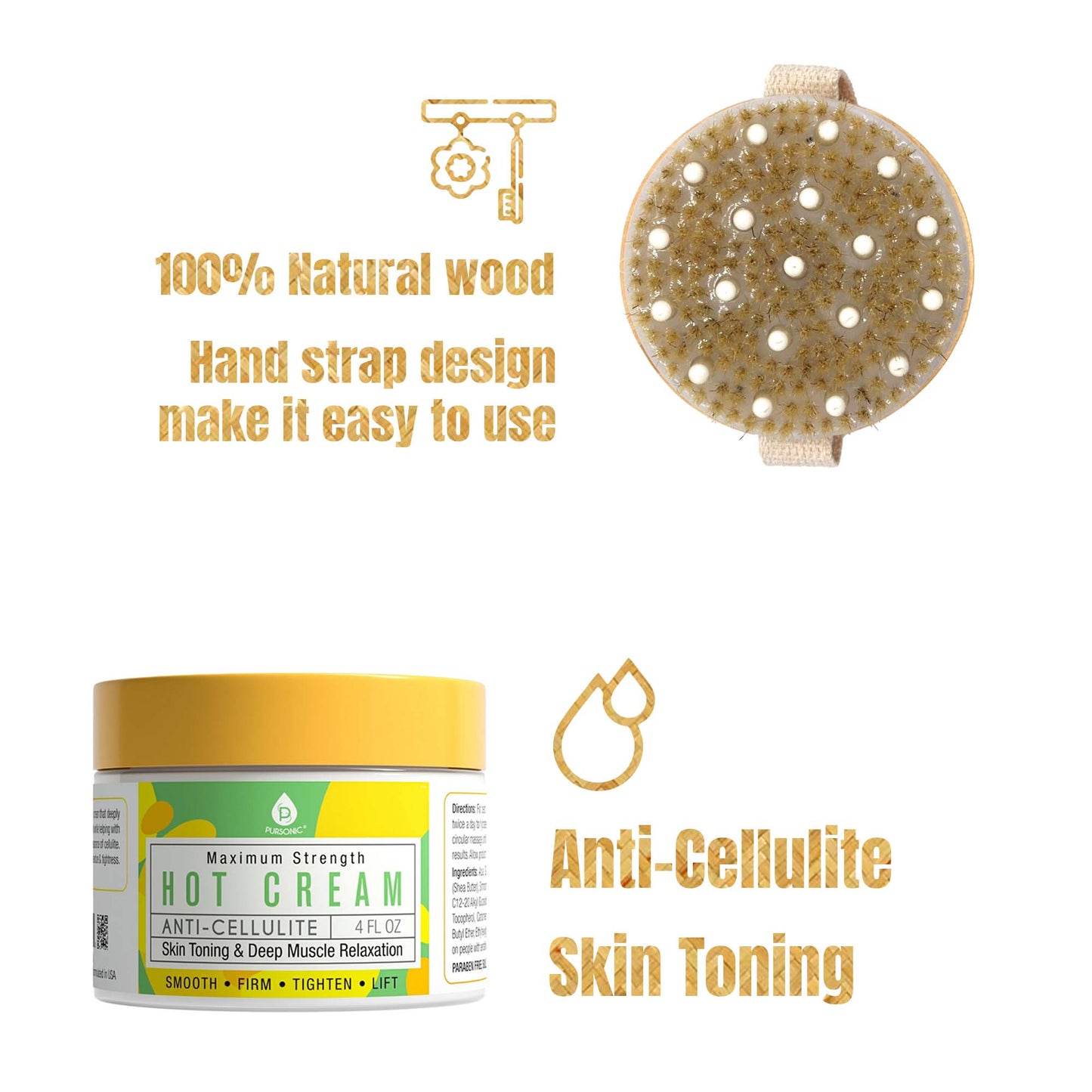Pursonic Anti Cellulite & Muscle Relaxation Hot Cream with Bath Brush and Rubber Massager - Lotus Wooden Handle - Trending Wellness Store