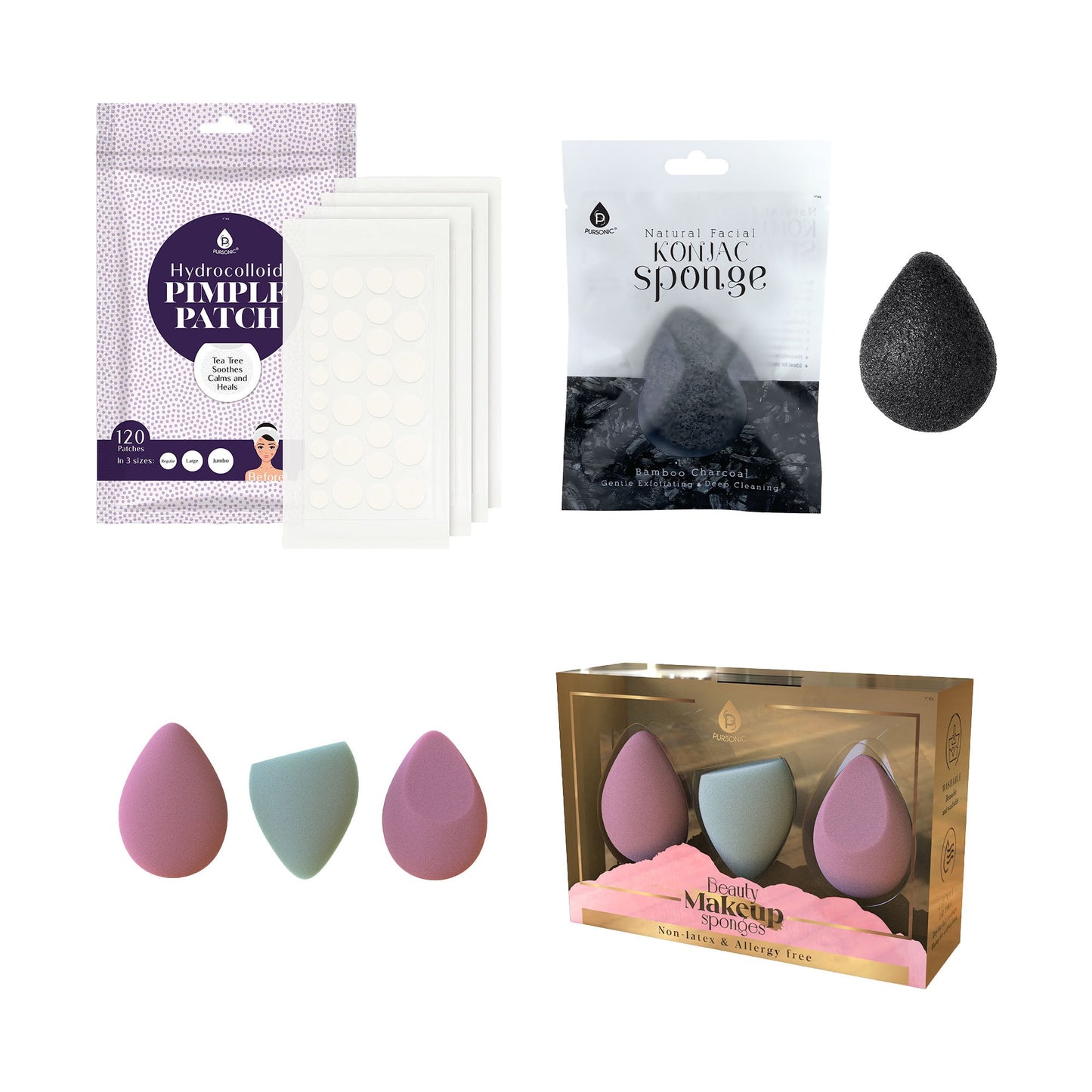 Pursonic Beauty Essentials Bundle – 3-Pack Multi-Shape Makeup Sponges + Natural Bamboo Charcoal Konjac Sponge + 120-Count Hydrocolloid Pimple Patch Set - Trending Wellness Store