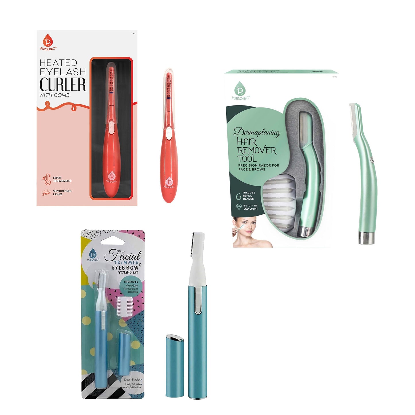 Pursonic Beauty Precision Bundle – Multi-Purpose Hair Trimmer, Heated Eyelash Curler & Dermaplaning Hair Remover Tool - Trending Wellness Store