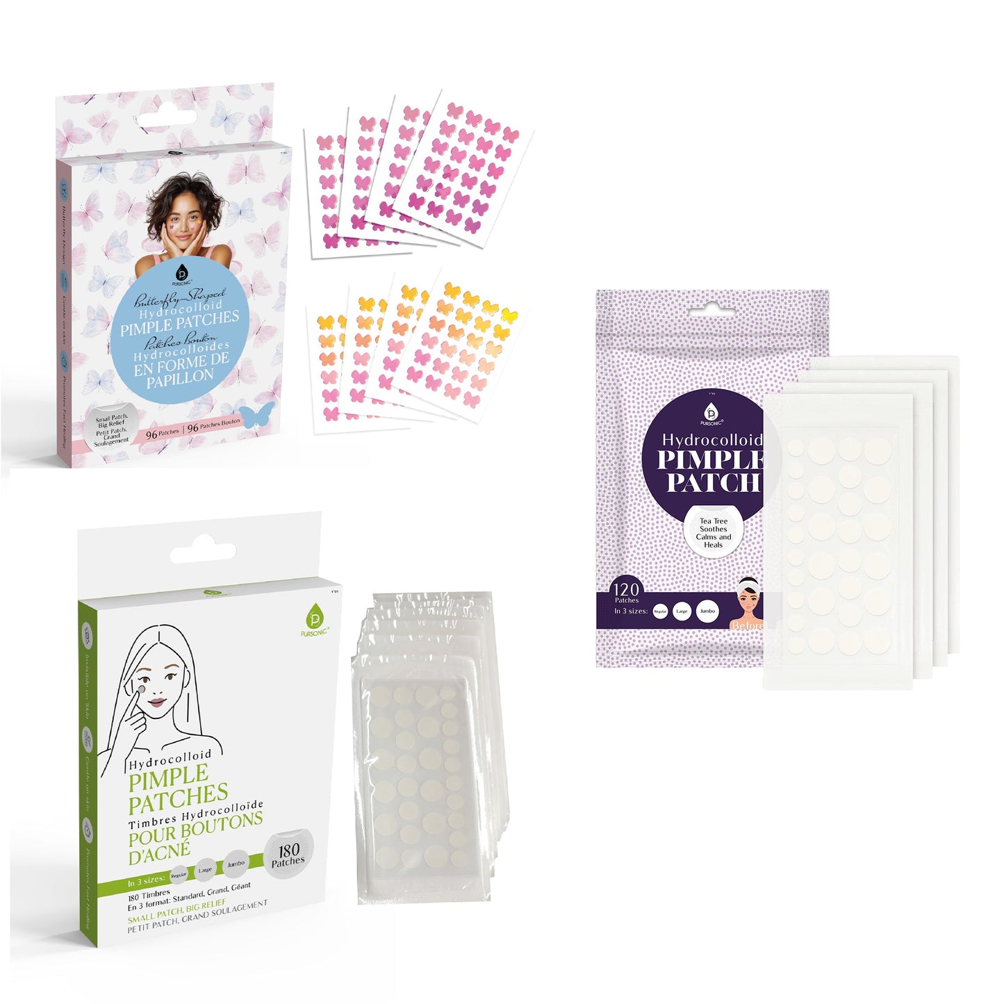 Pursonic Clear Skin Bundle: 3 Packs of Hydrocolloid Pimple Patches (Classic, Butterfly, & Multi-Size) - Trending Wellness Store