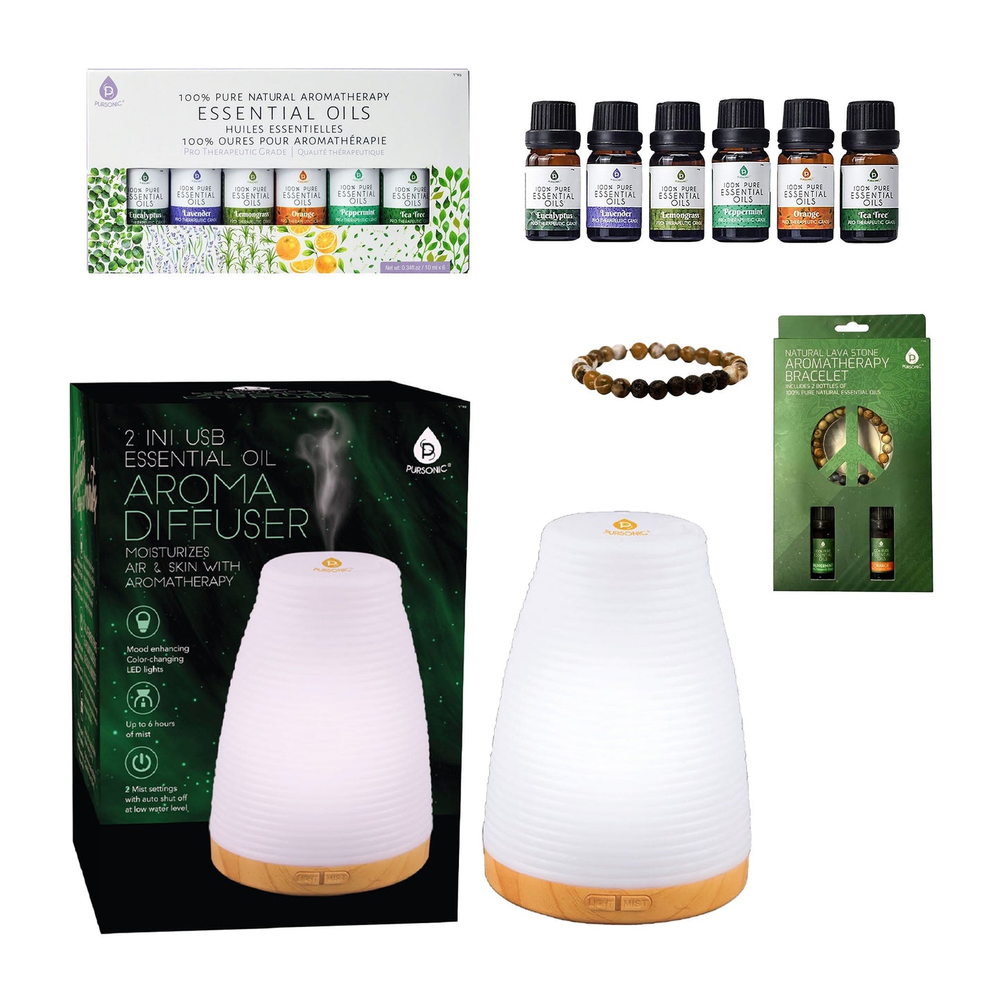 Pursonic Essential Oils Wellness Bundle – Includes Lava Stone Bracelet, 2-in-1 USB Diffuser, and 6-Pack of 100% Pure Aromatherapy Oils - Trending Wellness Store