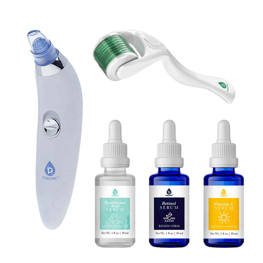 Pursonic Ultimate Rejuvenation Bundle: Micro Needle Derma Roller, Pore Vacuum Blackhead Remover & 3-Pack Anti-Aging Serum Set - Trending Wellness Store