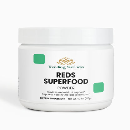 Jar of Trending Wellness Reds Superfood Powder on a white background