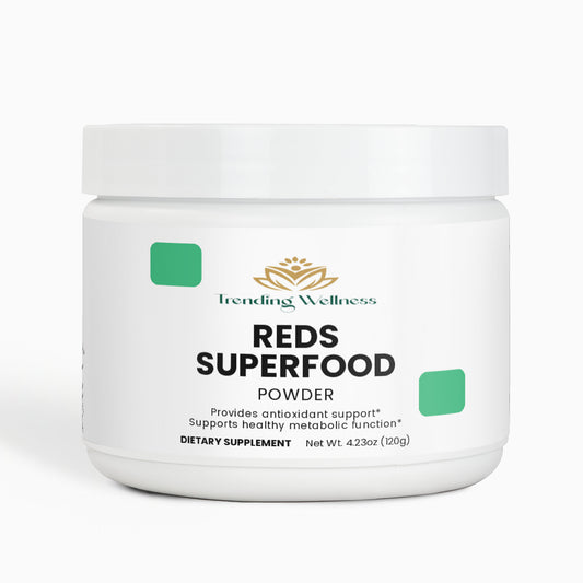 Jar of Trending Wellness Reds Superfood Powder on a white background