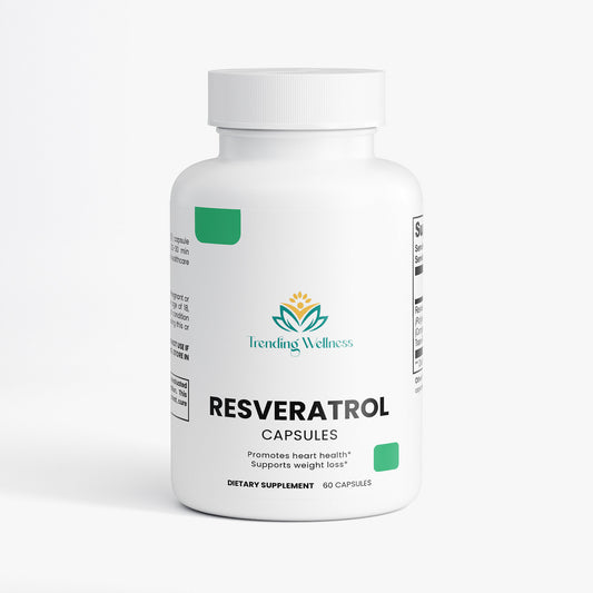Bottle of Resveratrol capsules from Trending Wellness on a white background
