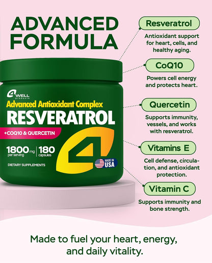 Resveratrol Supplement 1800mg Complex - 180 Capsules - Trending Wellness Store
