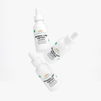 Three bottles of Retinol and Peptide face serum on a white background