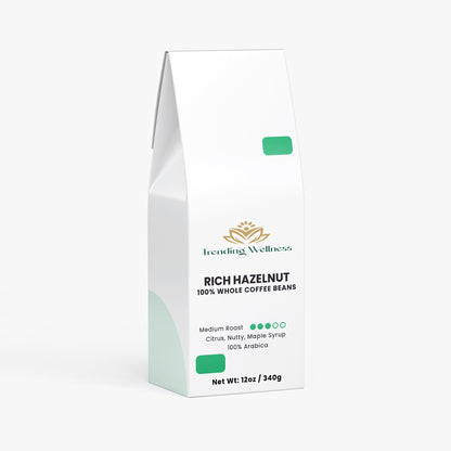 Packaging of Trending Wellness Rich Hazelnut coffee beans on a white background