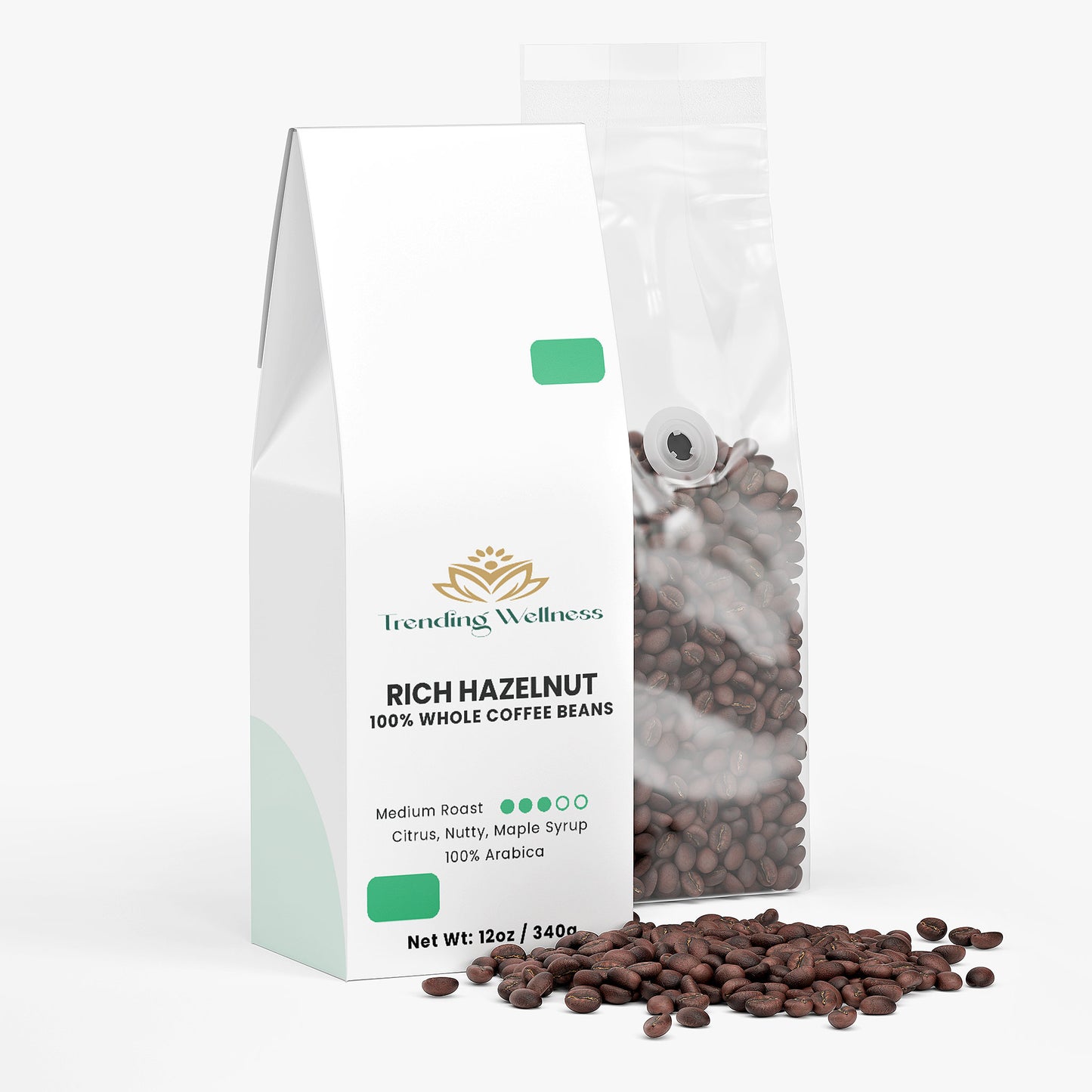 Packaging of Trending Wellness Rich Hazelnut coffee beans on a white background