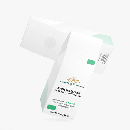 Packaging of Trending Wellness Rich Hazelnut coffee beans on a white background