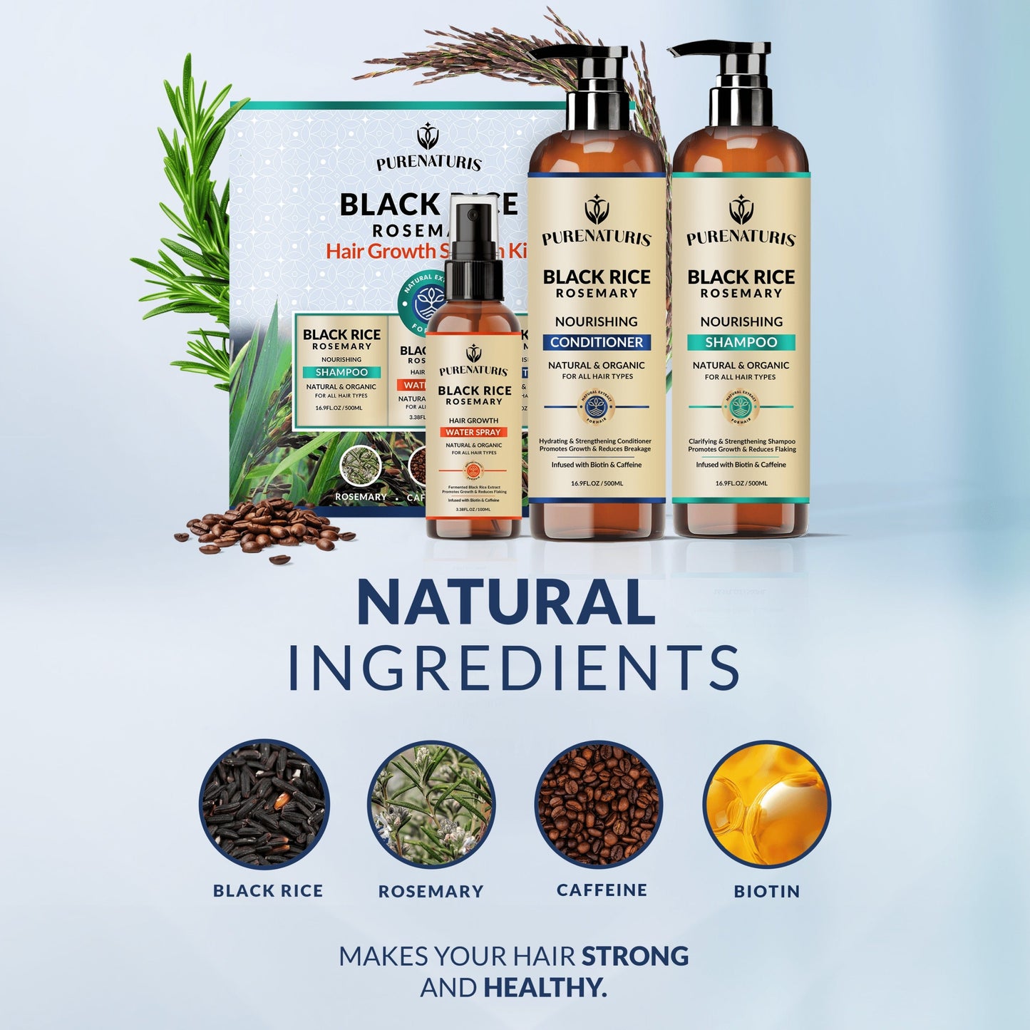 Rosemary Black Rice Water Hair Growth System Kit - Shampoo, Conditioner and Leave-in Serum - Trending Wellness Store