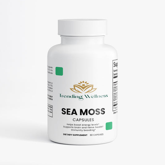 Bottle of Trending Wellness Sea Moss capsules on a white background