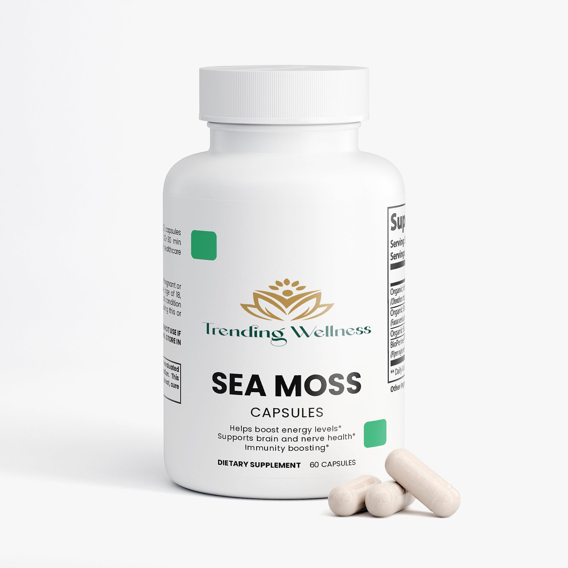 Bottle of Trending Wellness Sea Moss capsules on a white background