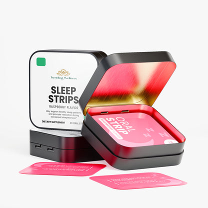 Sleep strips packaging with open case showing pink strips and branded label.
