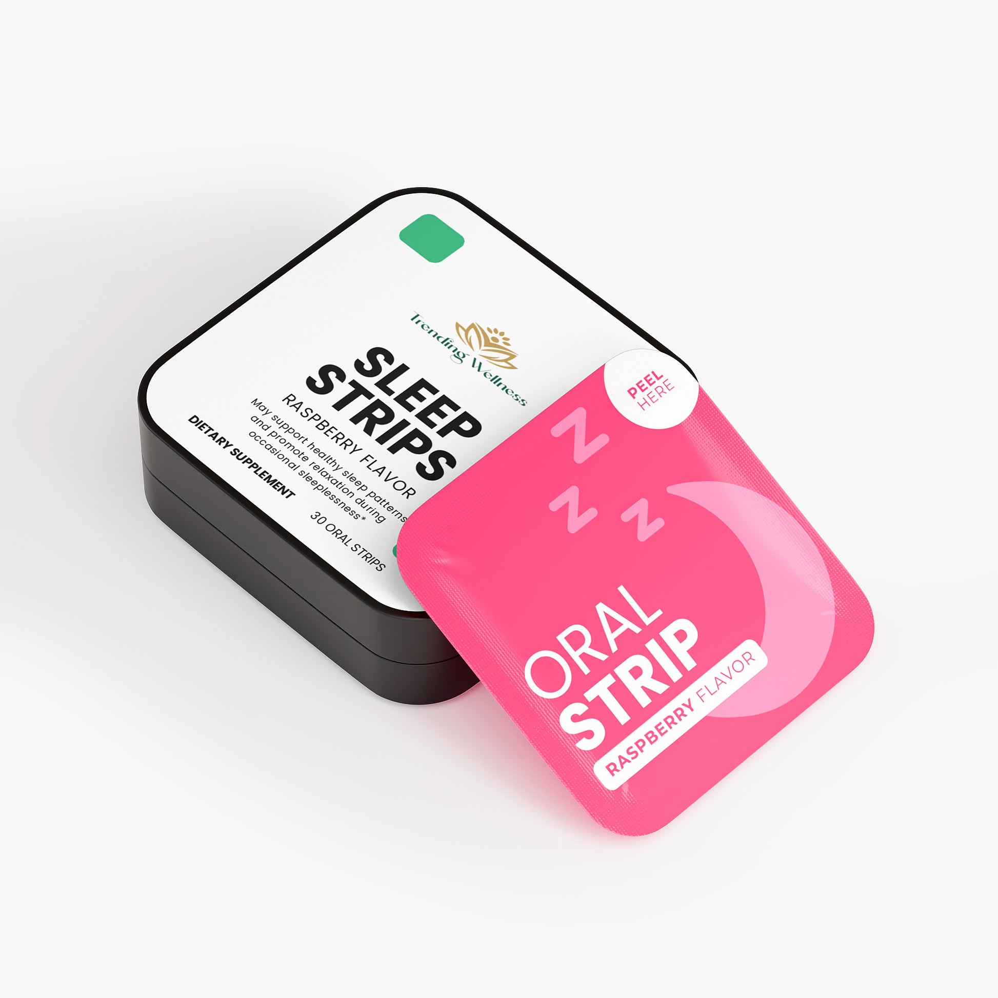 Sleep Strips packaging with a pink oral strip on a white background