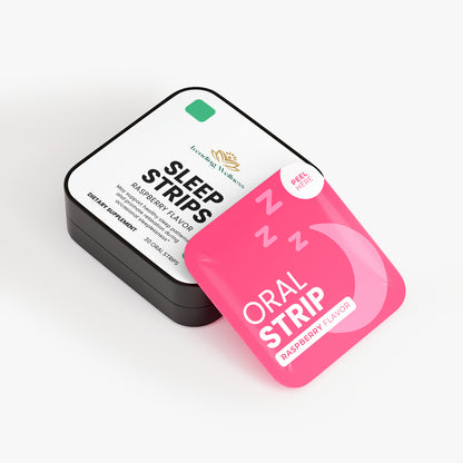 Sleep Strips packaging with a pink oral strip on a white background