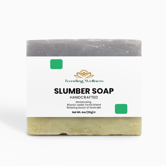 Bar of slumber soap with 'Trending Wellness' branding on a white background
