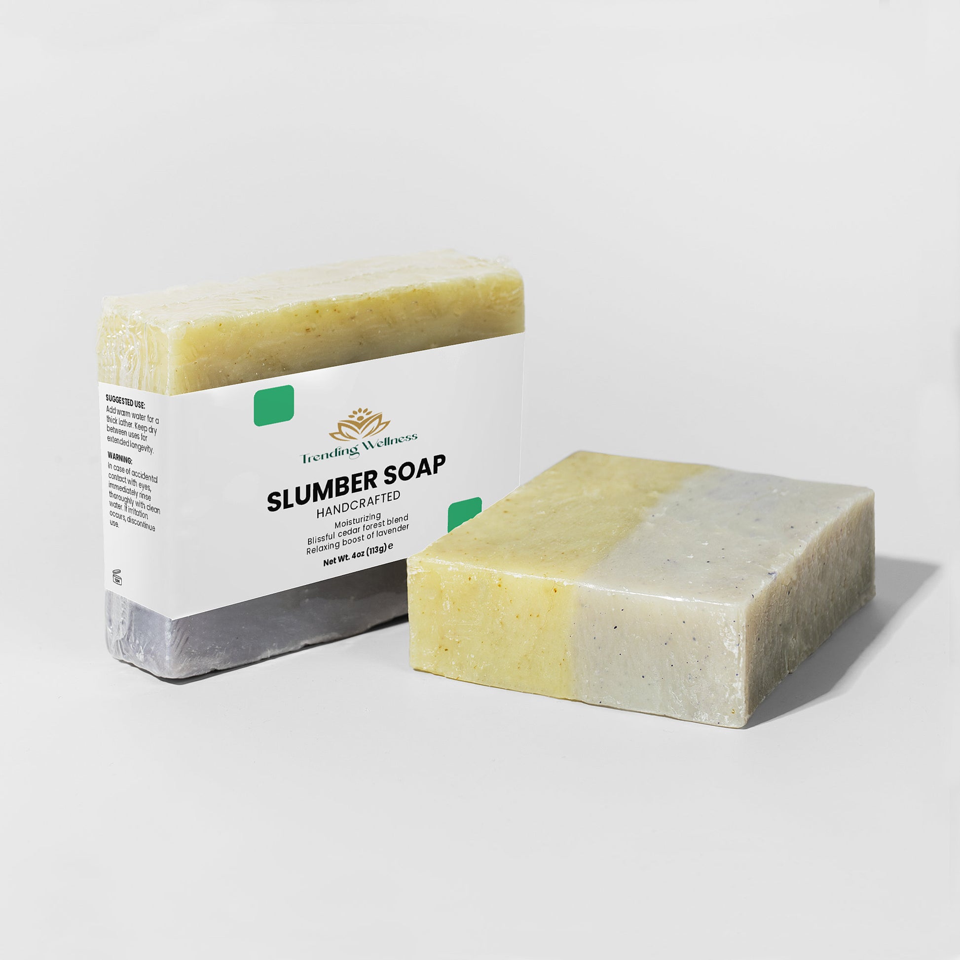 Bar of soap with a visible label on a light gray background