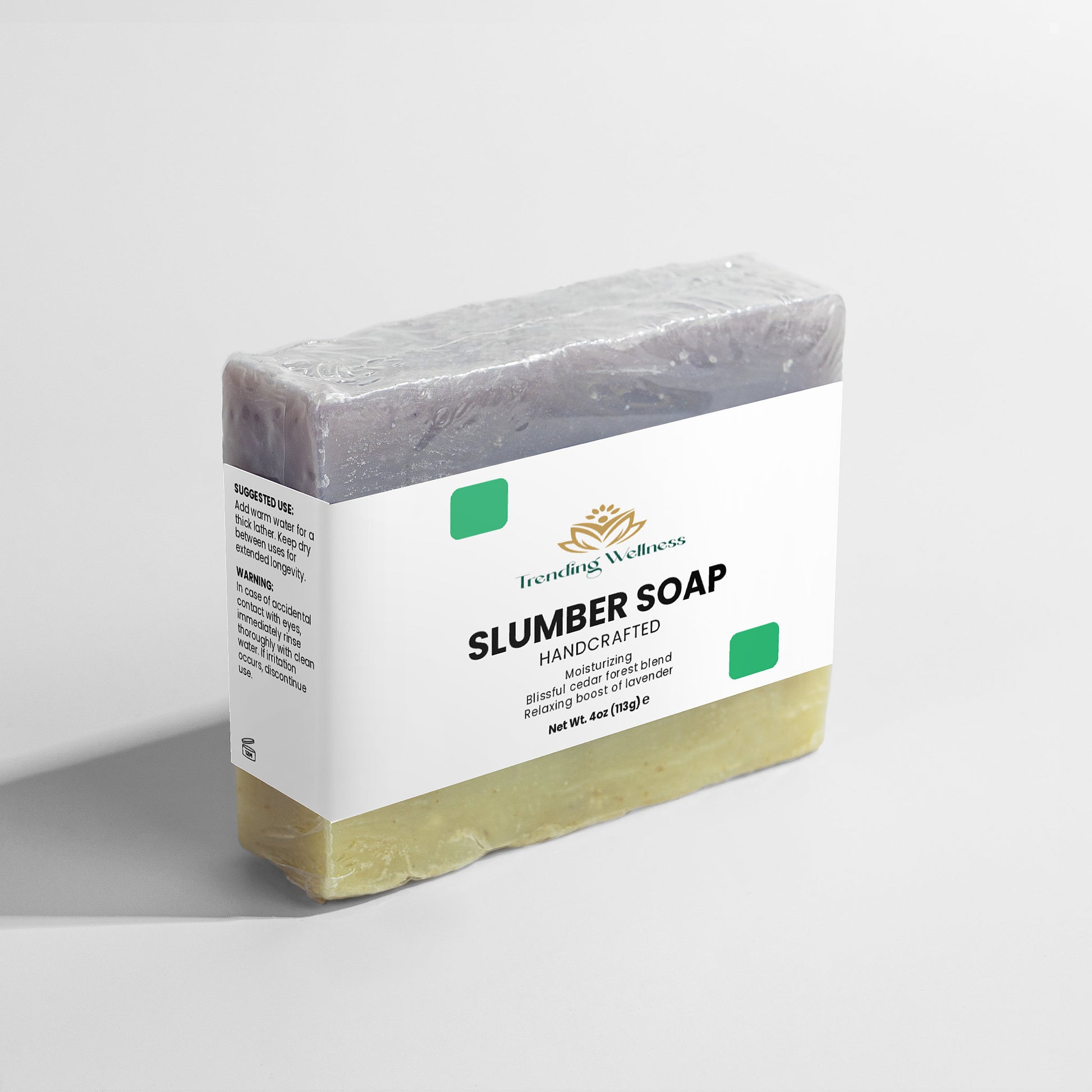 Bar of slumber soap with a white label on a light gray background