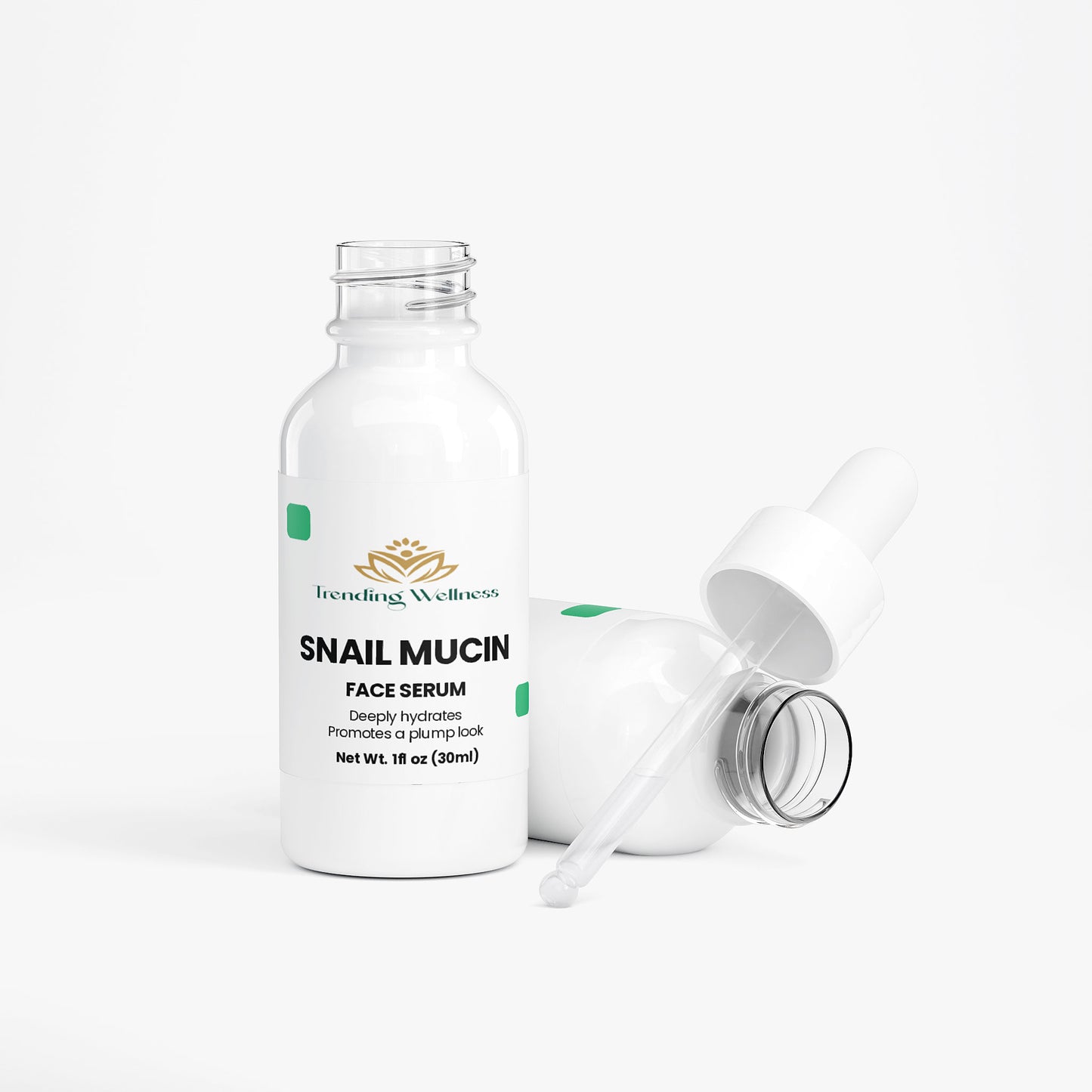 Snail mucin face serum bottle with dropper on a white background