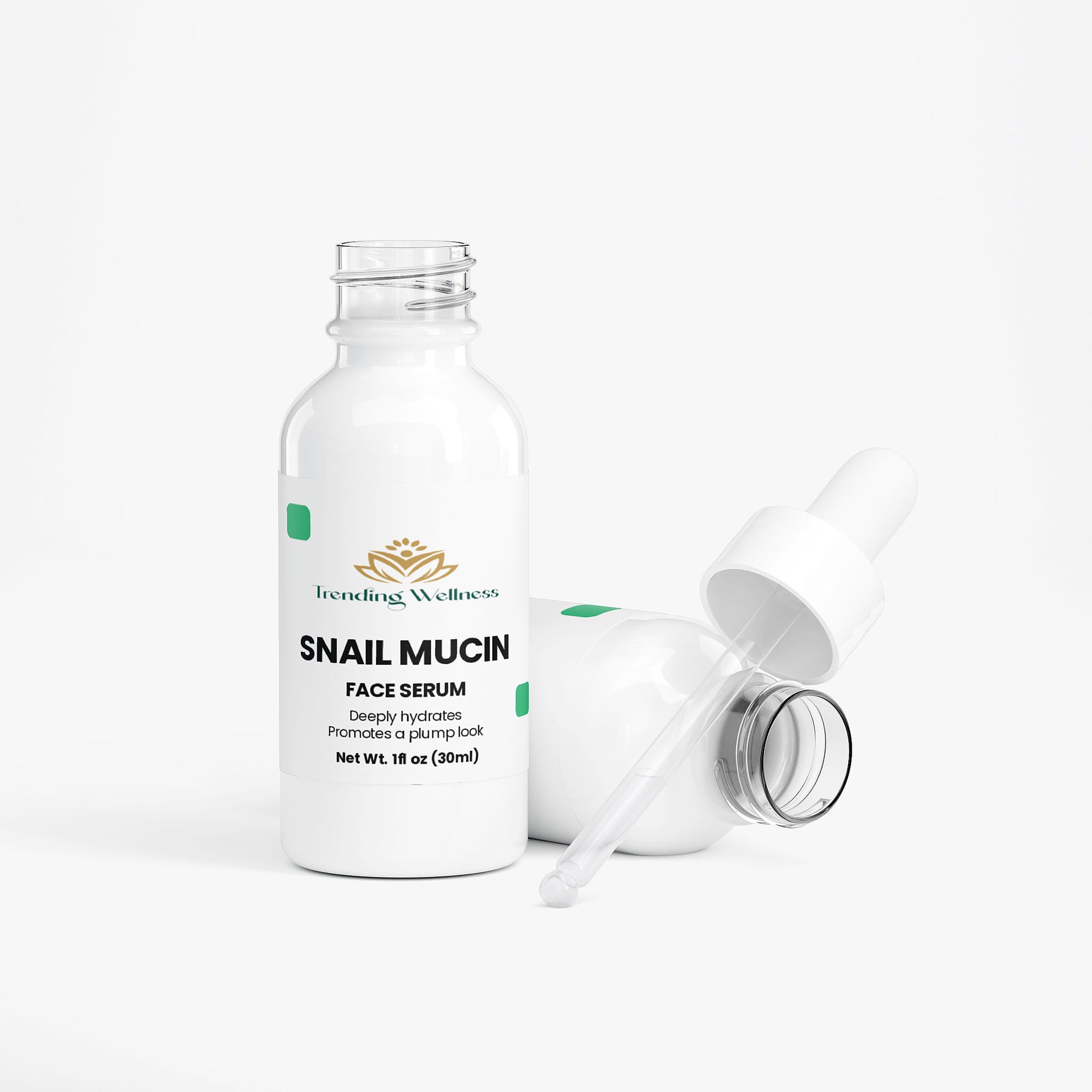 Snail mucin face serum bottle with dropper on a white background