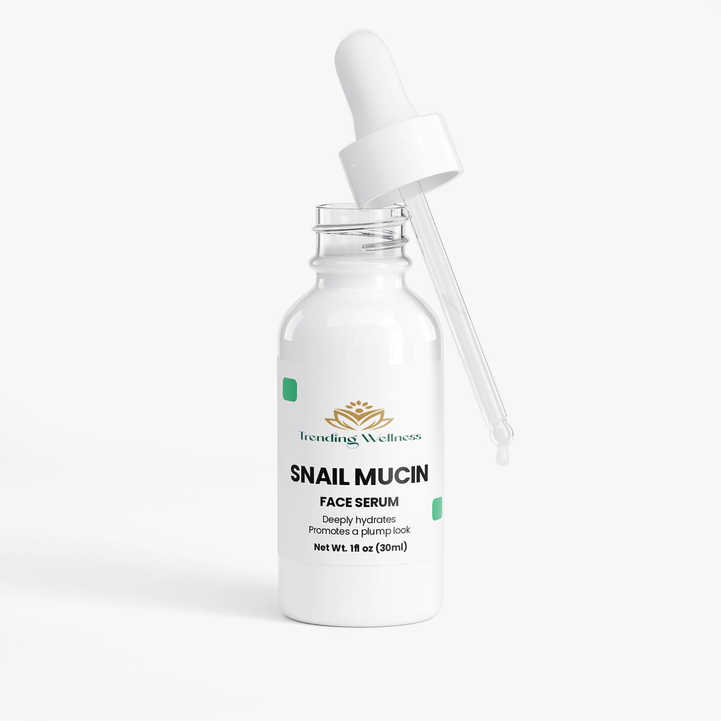 Snail mucin face serum bottle with dropper on a white background