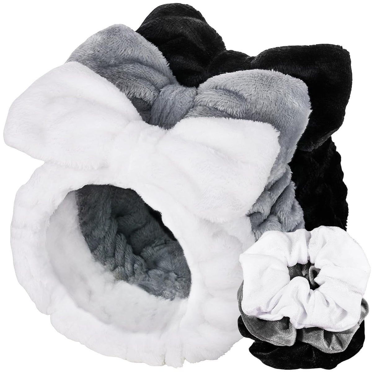 Spa Headband, 6pcs Makeup Headbands and Hair Scrunchies, Bow Skin Care Headband for Washing Face for Teen Girls Women, Easter Basket Valentines Gifts for Girls, Black & White & Gray