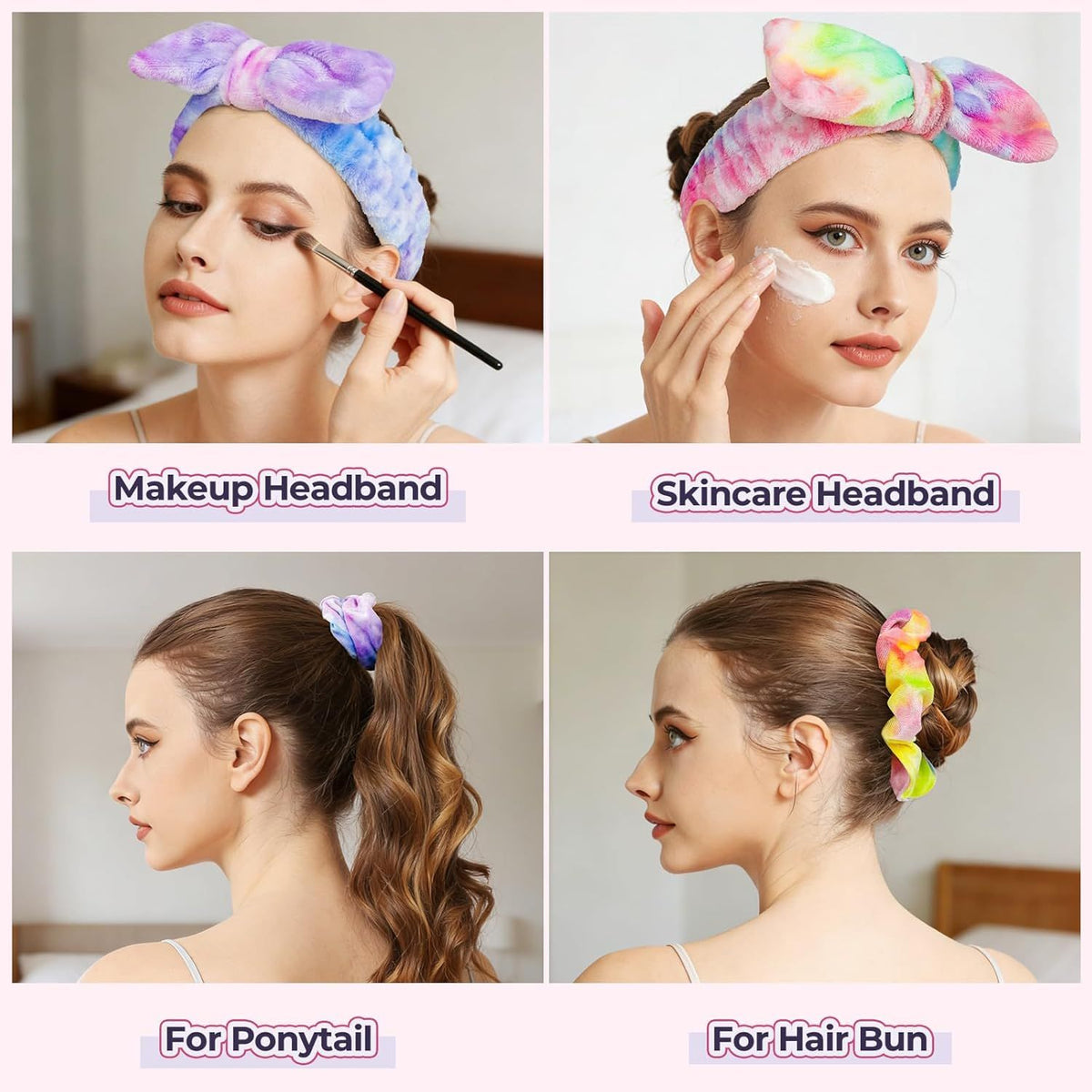 Spa Headband, 6pcs Makeup Headbands and Hair Scrunchies, Bow Skin Care Headband for Washing Face for Teen Girls Women, Easter Basket Valentines Gifts for Girls, Black & White & Gray