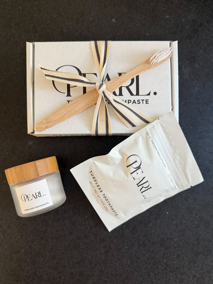 Starter Kit: The Pearl Jar - White Sea Glass & Fluoride Mint Toothpaste Tablets | 62 Tablets | Refill Pouch - Trending Wellness Store