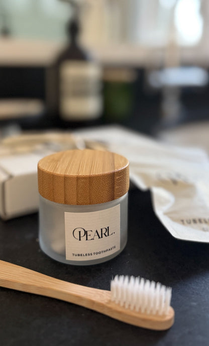 Starter Kit: The Pearl Jar - White Sea Glass & Fluoride Mint Toothpaste Tablets | 62 Tablets | Refill Pouch - Trending Wellness Store