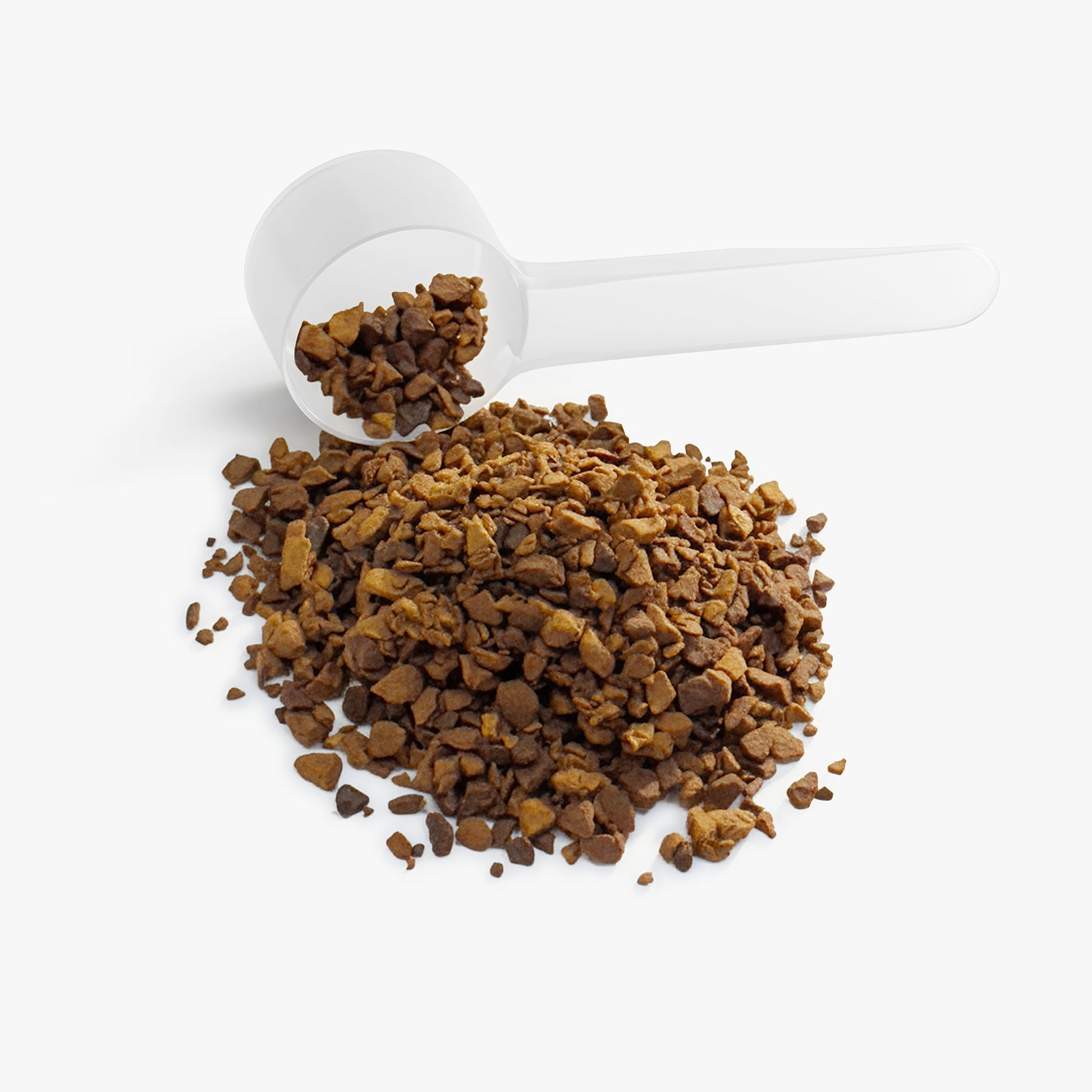 White scoop with brown powder on a white background