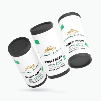 Three tins of Sweet Brew instant coffee from Weiding Wellness on a white background