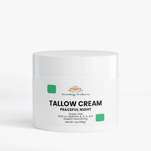 Tallow cream jar with 'Trending Wellness' label on a white background