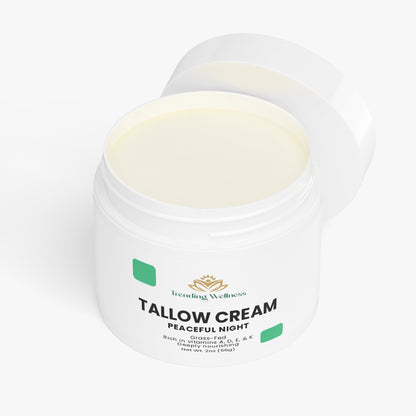 Tallow cream jar labeled 'Peaceful Night' by Trending Wellness on a white background