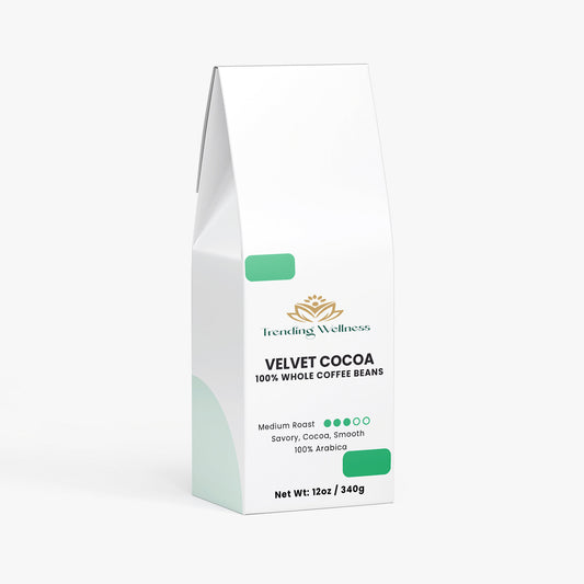 Packaging of Velvet Cocoa coffee beans by Trending Wellness on a white background