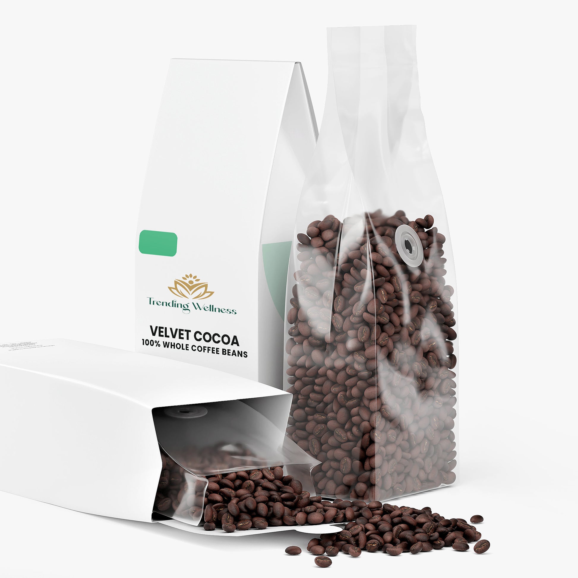 Clear bag of velvet cocoa coffee beans with a scoop and branded label on a white background