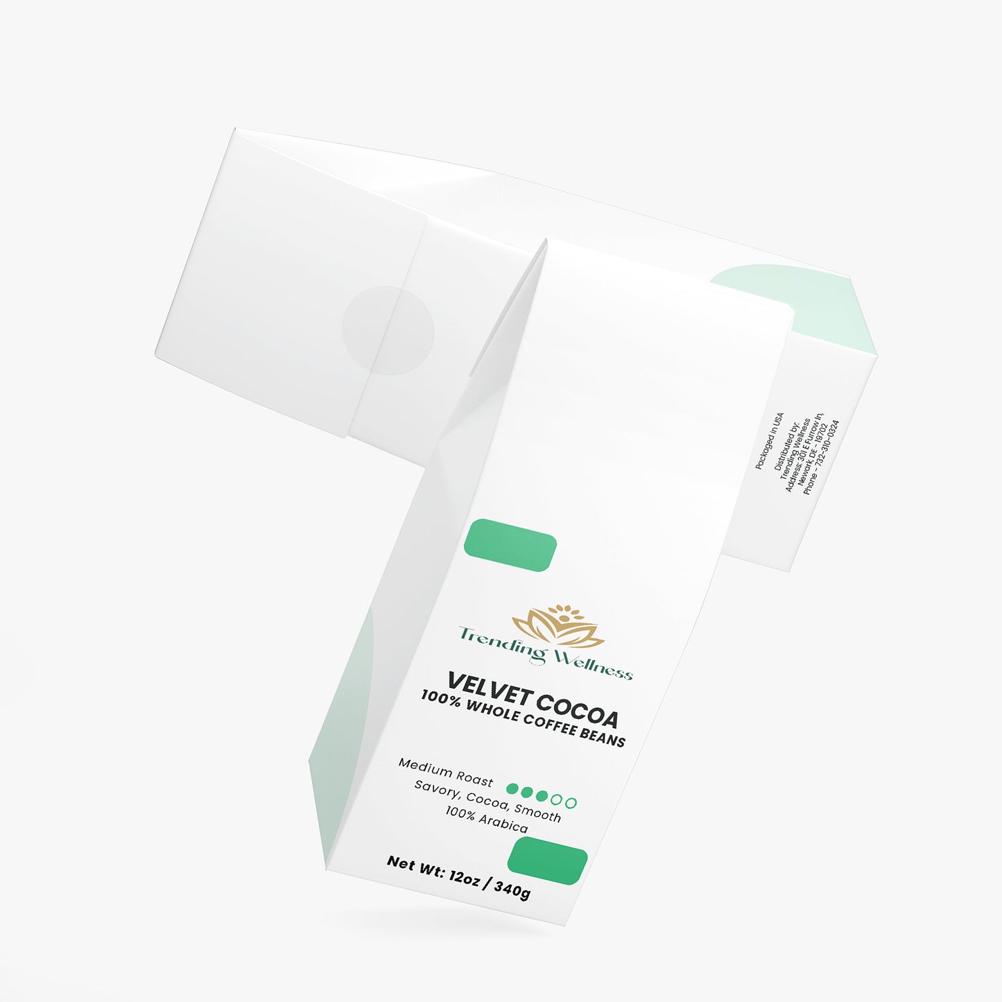 Package of Velvet Cocoa coffee beans with branding on a white background