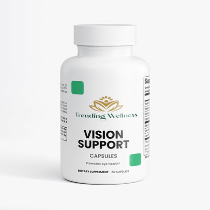 Vision support capsules bottle with Trending Wellness label on a white background