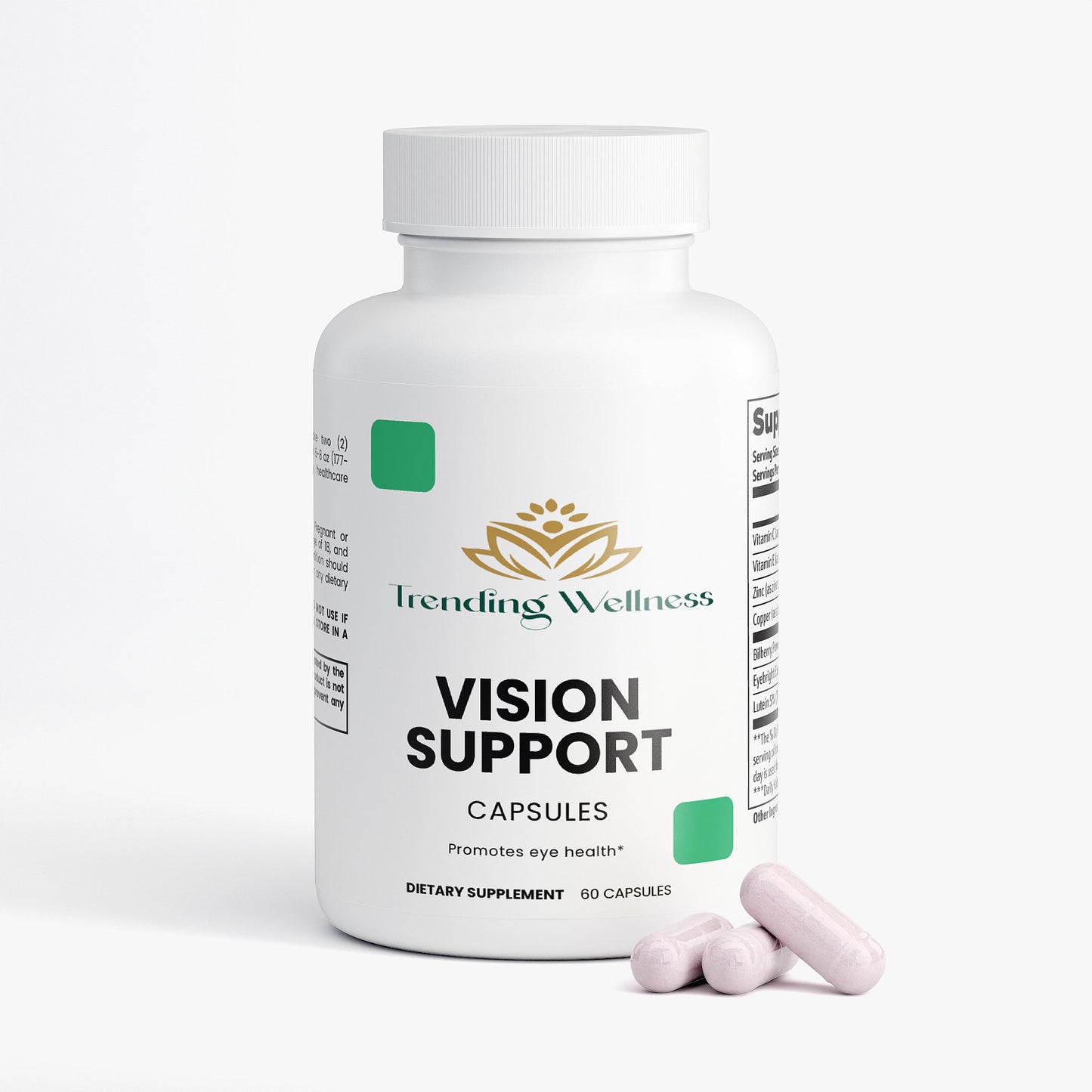 Vision support capsules bottle with pills on a white background